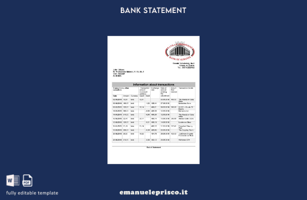 modello di estratto conto della Banca d'Albania in stile verificato Albania